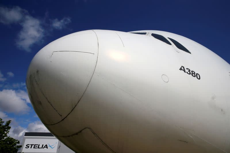 FILE PHOTO: The nose of an Airbus A380 is seen outside the factory of Stelia Aerospace in Meaulte