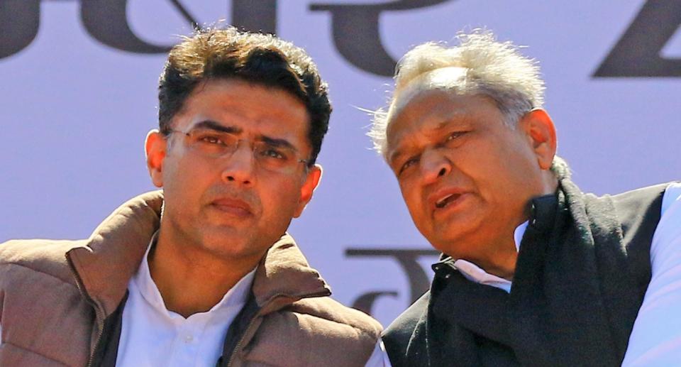 Congress leader Sachin Pilot and Rajasthan Chief Minister Ashok Gehlot at AICC headquarters in New Delhi. Photo: K Asif/The India Today Group via Getty Images