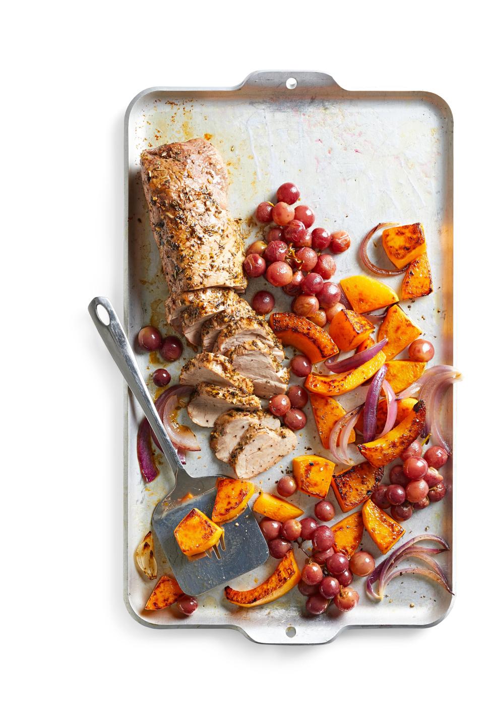 Fruit, vegetables, and pork tenderloin all roast on one pan for this hands-off dinner recipe. Please heartier appetites by serving this sheet pan recipe with a side of quinoa, rice, or bread.