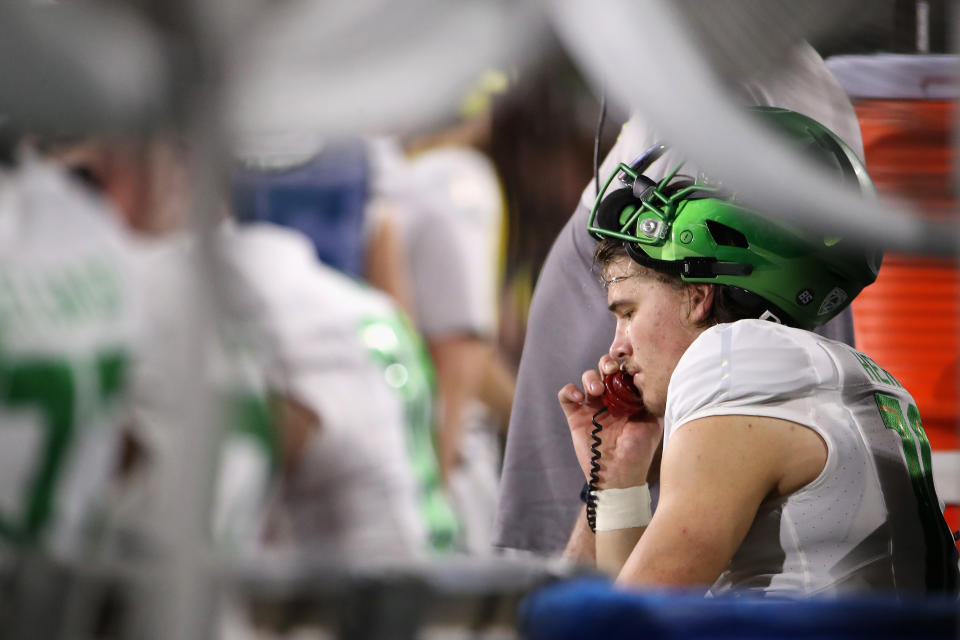 Oregon QB Justin Herbert still should hear his name fairly early in the 2020 NFL draft, but he has enough poor games to raise concerns. (Photo by Christian Petersen/Getty Images)