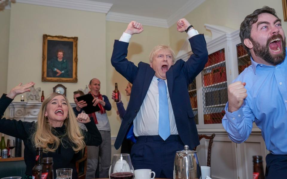 Ophelia Lovibond as Carrie Symonds and Kenneth Branagh as Boris Johnson, celebrating the 2019 election win - Sky UK/Phil Fisk