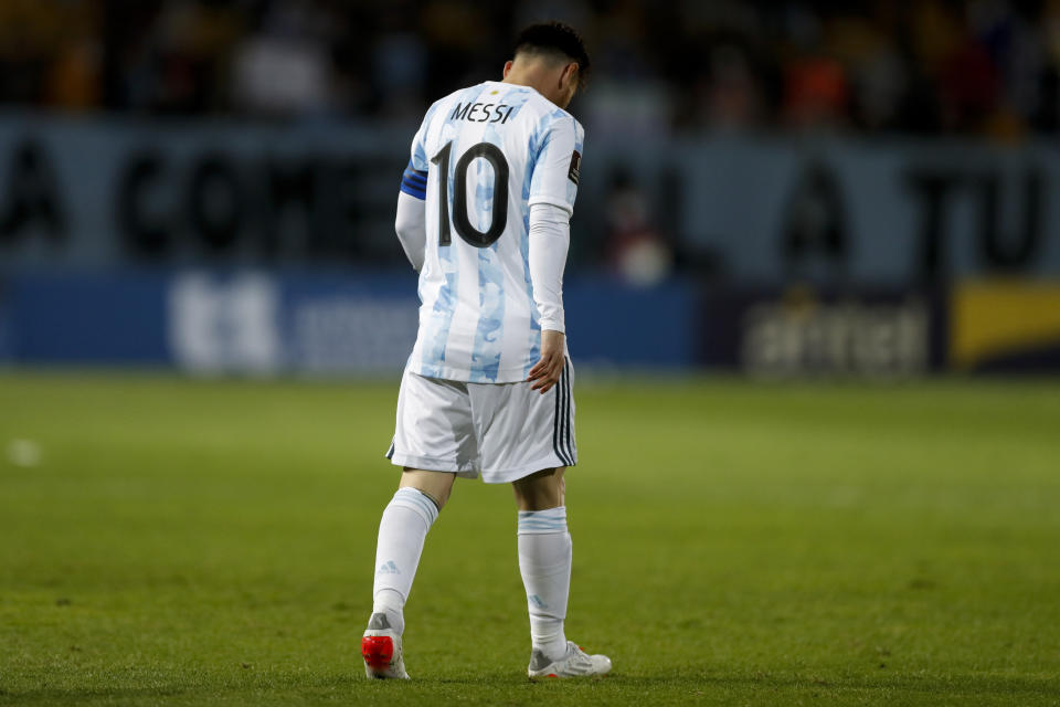 Argentina's Lionel Messi walks during a qualifying soccer match against Uruguay for the FIFA World Cup Qatar 2022 in Montevideo, Uruguay, Friday, Nov. 12, 2021.(AP Photo/Matilde Campodonico, Pool)