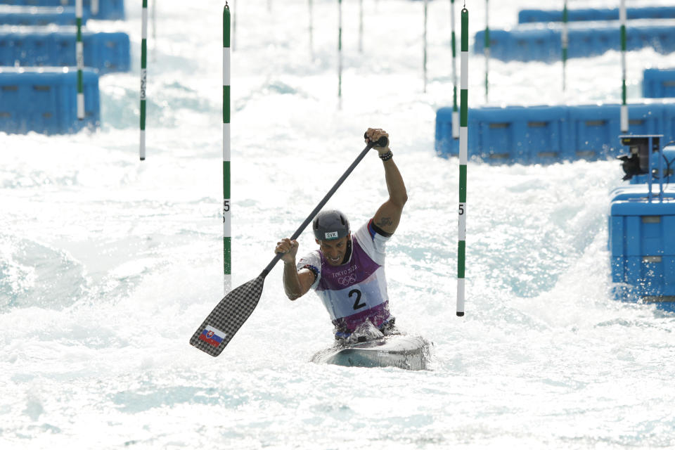 <p>TOKYO, JAPAN - JULY 26: Matej Benus of Team Slovakia competes during the Men's Canoe Slalom Final on day three of the Tokyo 2020 Olympic Games at Kasai Canoe Slalom Centre on July 26, 2021 in Tokyo, Japan. (Photo by Adam Pretty/Getty Images)</p> 