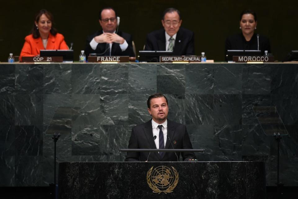 Spread the word: UN Messenger of Peace DiCaprio addresses the United Nations (AFP via Getty Images)