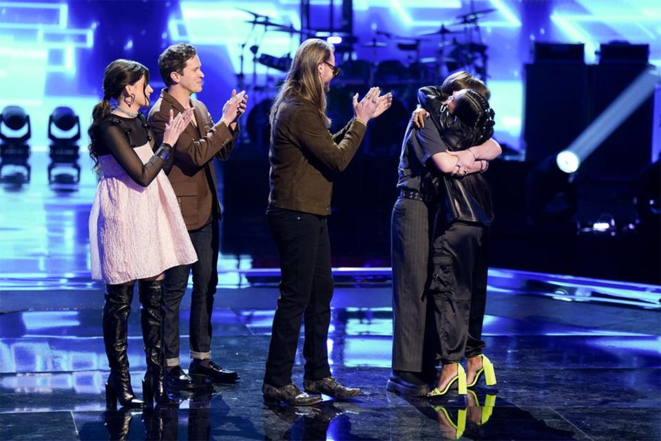 From left, Gina Miles, Michael B., Ross Clayton, Ryley Tate Wilson, Tasha Jessen of Team Niall find out that Ryley Tate has made it to the top 8 on NBC's "The Voice."