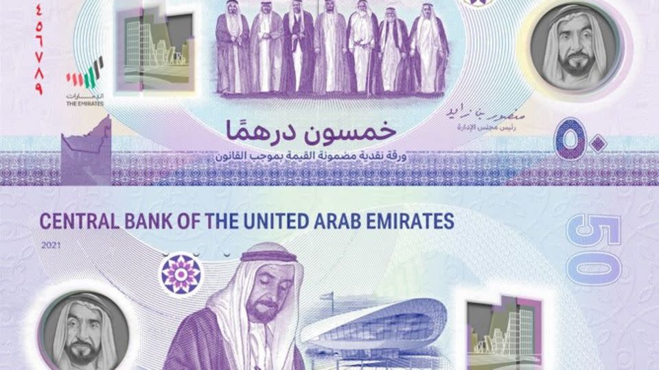 Shukla's photos of the UAE's founding fathers (top) and Sheikh Zayed signing (bottom) are featured on the 50 dirham note. - Courtesy of Four Seasons Ramesh Gallery
