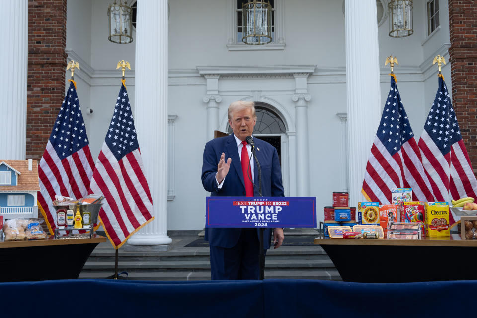 BEDMINSTER, NEW JERSEY - AUGUST 15: Republican presidential candidate and former U.S. President Donald Trump holds a press conference outside the Trump National Golf Club Bedminster in Bedminster, New Jersey on August 15, 2024. Trump's campaign officials announced they would be expanding his staff as the re-election campaign enters its final months. (Photo by Adam Gray/Getty Images)