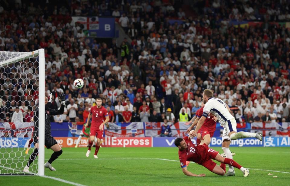 Kane hit the bar with a late header following a sublime save from the Serbia goalkeeper (Getty Images)