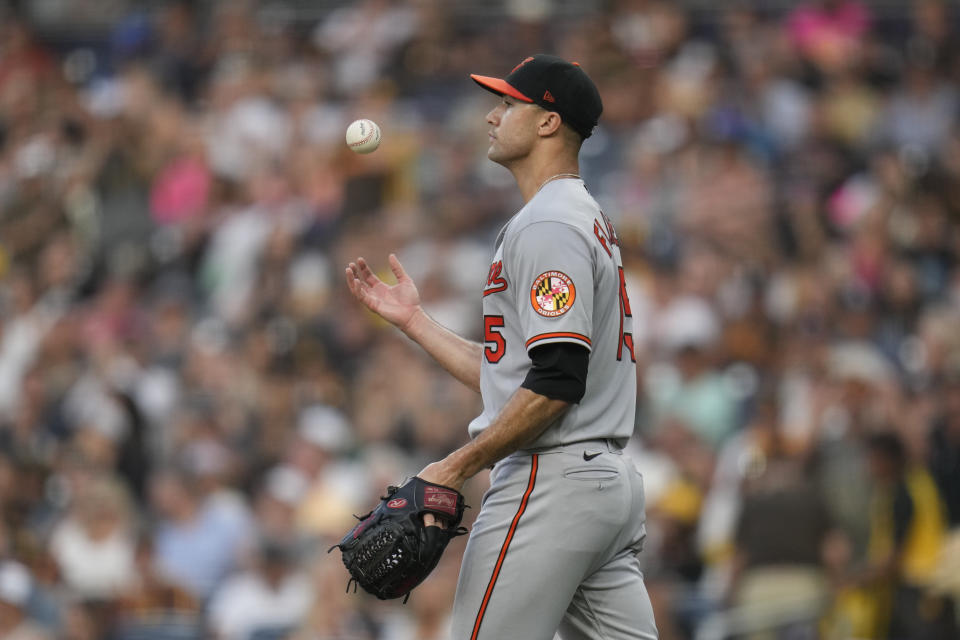 Baltimore Orioles starting pitcher Jack Flaherty walks back to the mound after delivering a walk during the first inning of a baseball game against the San Diego Padres, Tuesday, Aug. 15, 2023, in San Diego. (AP Photo/Gregory Bull)