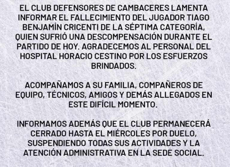 El comunicado del club tras la muerte del joven futbolista