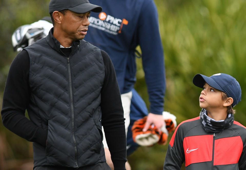 Tiger and Charlie Woods. (Photo by Paul Hennessy/SOPA Images/LightRocket via Getty Images)