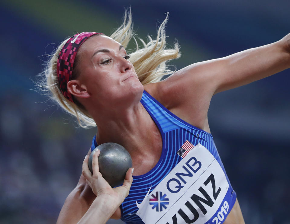 Olympic athlete Annie Kunz of the U.S. competes in the Women's Heptathlon Shot Put at the World Athletics Championships in Doha, Qatar, on October 2, 2019. REUTERS/Kai Pfaffenbach