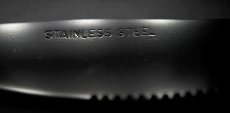 FILE PHOTO: 'Stainless Steel' is seen stamped onto the blade of a knife in Manchester, Britain, March 26, 2018. REUTERS/Phil Noble/File Photo