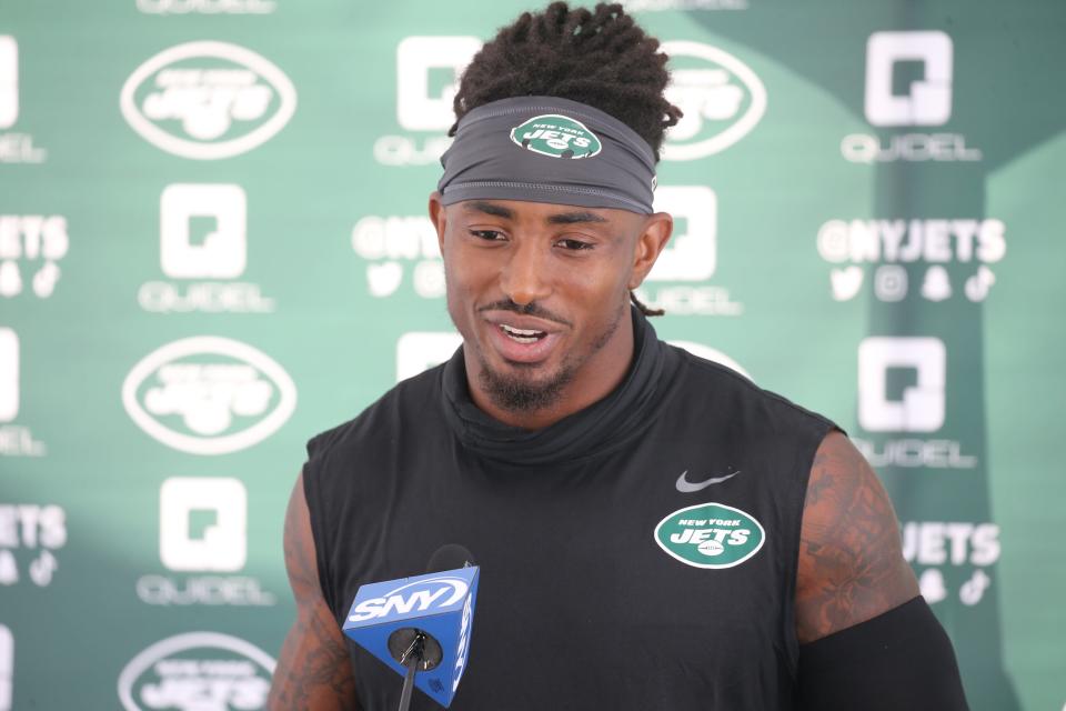 Safety, Jordan Whitehead addresses the media during the opening day of the 2022 New York Jets Training Camp in Florham Park, NJ on July 27, 2022.<br>Opening Of The 2022 New York Jets Training Camp In Florham Park Nj On July 27 2022