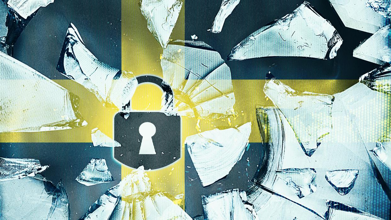  Shattered glass with padlock icon and national Sweden flag - security concept. 