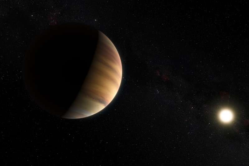 「飛馬座51」（51 Pegasi）與其行星「飛馬座51b」（51 Pegasi b）的想像圖（ESO/M. Kornmesser/Nick Risinger (skysurvey.org)@Wikipedia / CC BY 4.0）