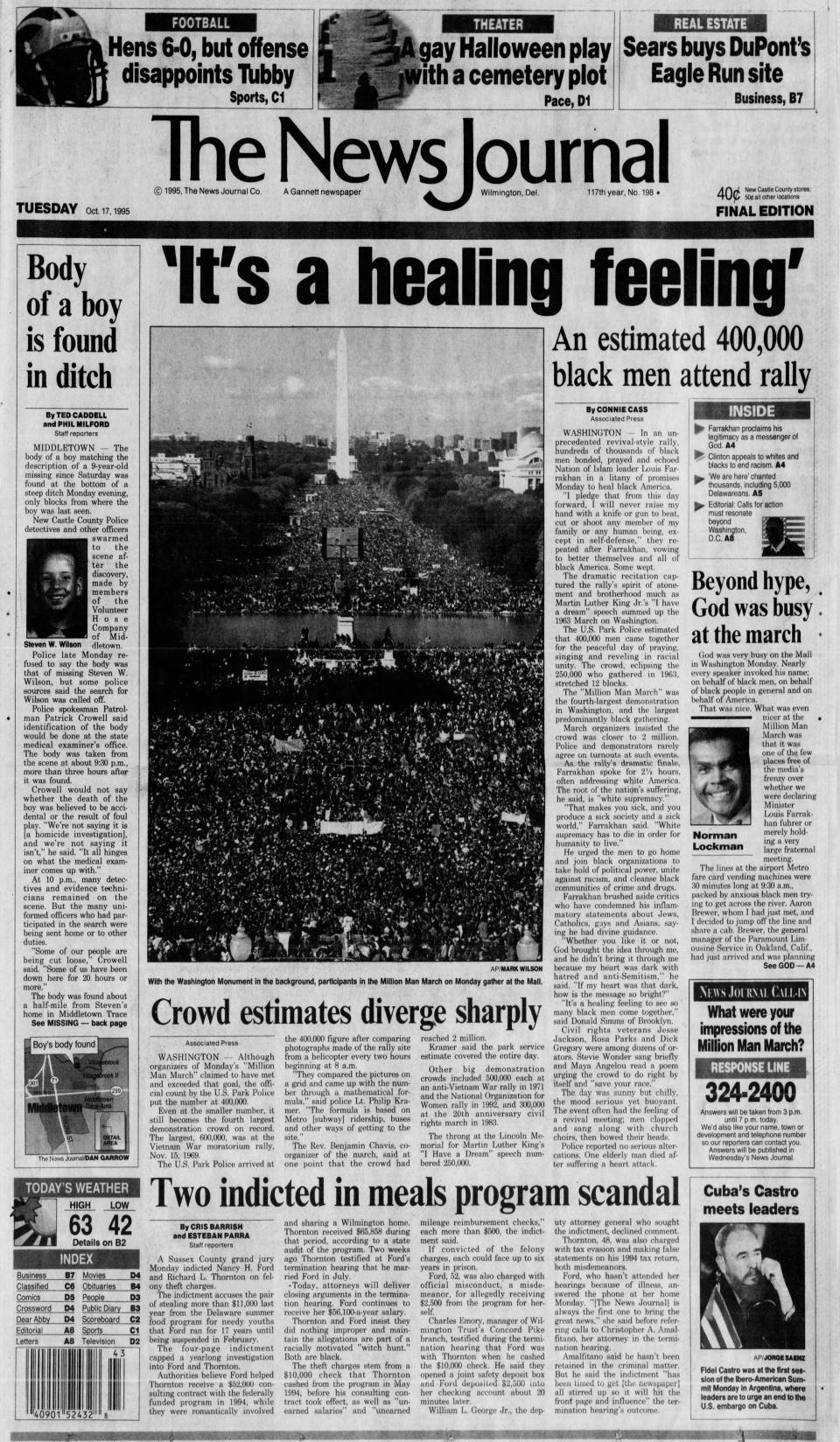 Front page of The News Journal from Oct. 17, 1995.