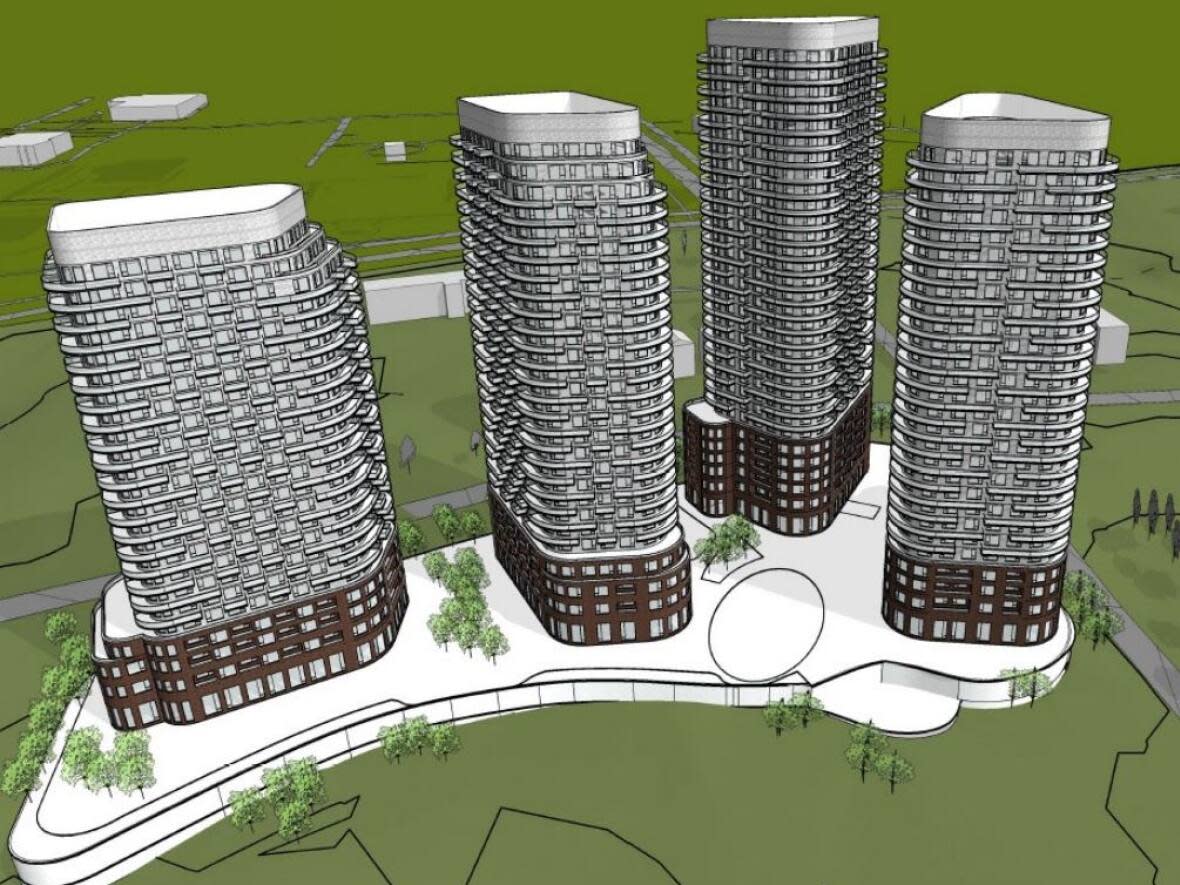 Planning committee approved a zoning amendment to allow for the construction of four residential towers with commercial space on their lower levels near the Trim Road LRT Station and Petrie Island.  (City of Ottawa - image credit)
