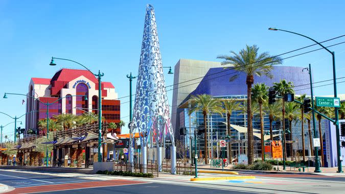 Mesa, Arizona, USA - March 5, 2019: Daytime view of the Mesa Arts Center and Center/Main St station in the heart of the downtown district.