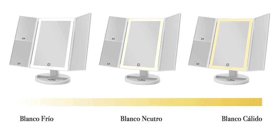 Este espejo de maquillaje tríptico ofrece tres tono de iluminación. Foto: amazon.com.mx