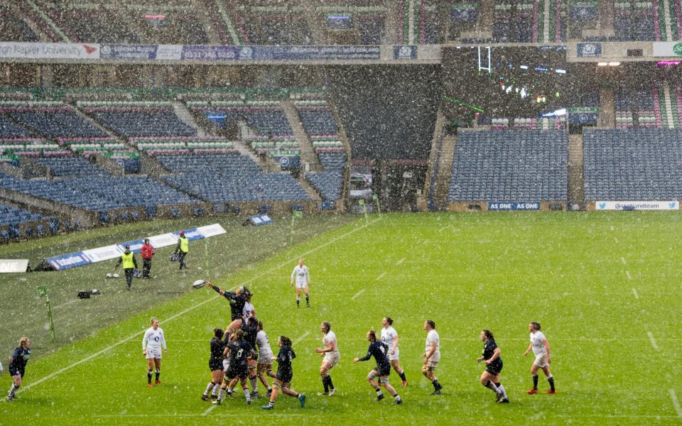 Scotland's Emma Wassell wins the ball in a line out as heavy snow falls during the Women's Six Nations match at BT Murrayfield Stadium, Edinburgh. PA Photo. Picture date: Monday February 10, 202 - PA