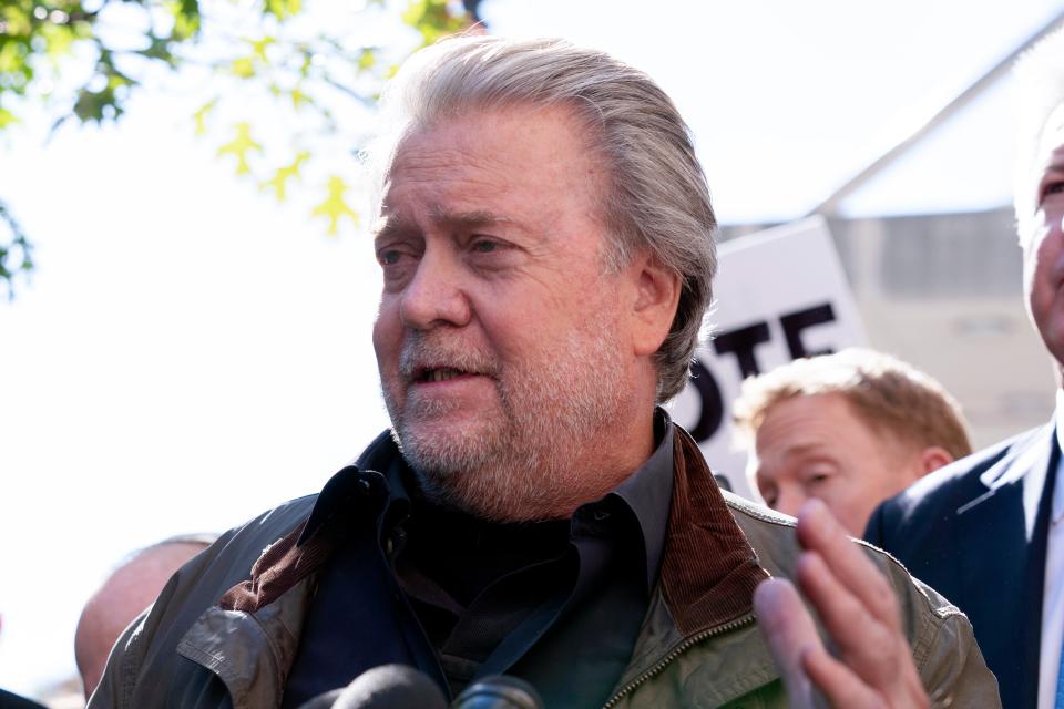 Steve Bannon, longtime ally of former President Donald Trump and convicted of contempt of Congress, speaks to the media as leaves the federal courthouse in Washington, on Friday, Oct. 21, 2022. Bannon was sentenced to 4 months behind bars for defying Jan. 6 committee subpoena. ( AP Photo/Jose Luis Magana) ORG XMIT: DCJL105