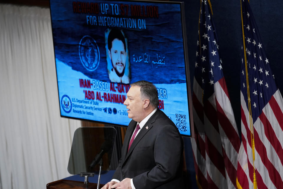 Secretary of State Mike Pompeo speaks at the National Press Club in Washington, Tuesday, Jan. 12, 2021. (AP Photo/Andrew Harnik, Pool)