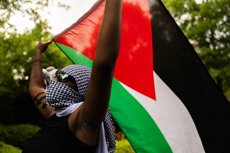 UNC Charlotte students and local activists march through campus during a rally for solidarity with Gaza and to protest student oppression at UNC Charlotte in Charlotte, N.C., on Tuesday, May 7, 2024. Khadejeh Nikouyeh/Knikouyeh@charlotteobserver.com