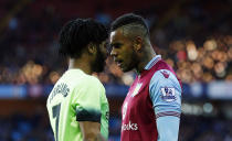 Football - Aston Villa v Manchester City - FA Cup Fourth Round - Villa Park - 30/1/16 Manchester City's Raheem Sterling clashes with Aston Villa's Leandro Bacuna Reuters / Darren Staples Livepic EDITORIAL USE ONLY. No use with unauthorized audio, video, data, fixture lists, club/league logos or "live" services. Online in-match use limited to 45 images, no video emulation. No use in betting, games or single club/league/player publications. Please contact your account representative for further details.