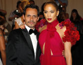 Marc Anthony and Jennifer Lopez arrive at the Metropolitan Museum of Art Costume Institute Benefit celebrating the opening of Alexander McQueen: Savage Beauty, in New York, May 2, 2011. REUTERS/Mike Segar (UNITED STATES - Tags: ENTERTAINMENT FASHION)
