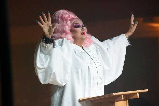 This image released by HBO shows Pastor Craig Duke, of Newburgh, Ind., appearing in drag in a scene from the HBO series 