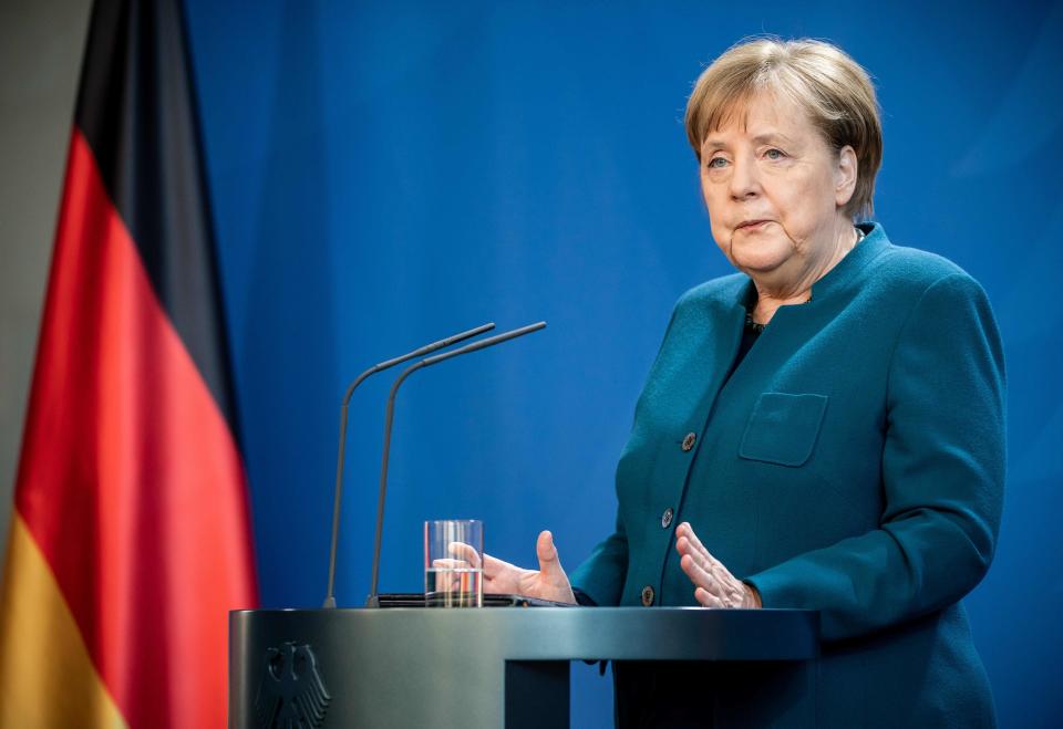 German Chancellor Angela Merkel makes a press statement on the spread of the new coronavirus COVID-19 at the Chancellery, in Berlin on March 22, 2020.