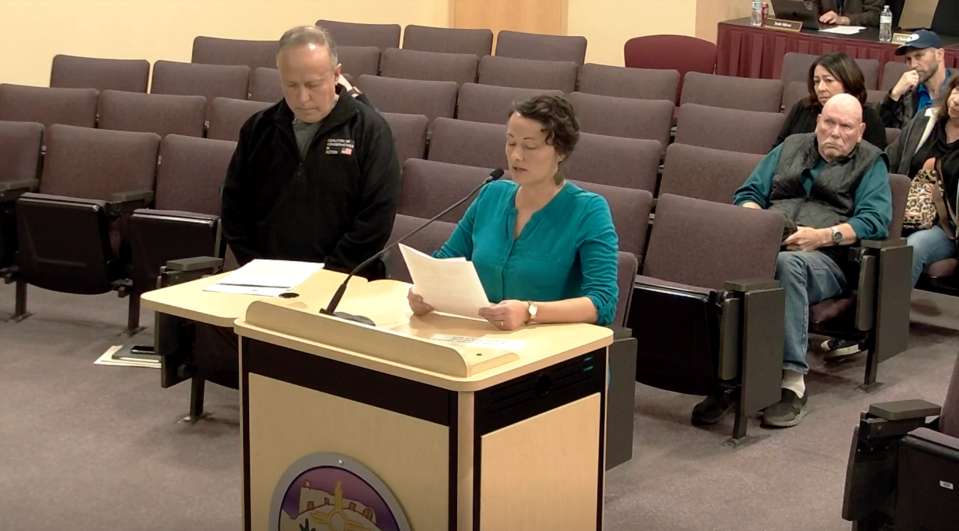 Sarah Smith and Juan Garcia speak to the Las Cruces Public Schools Board of Education during a special meeting on Jan.30, 2024.