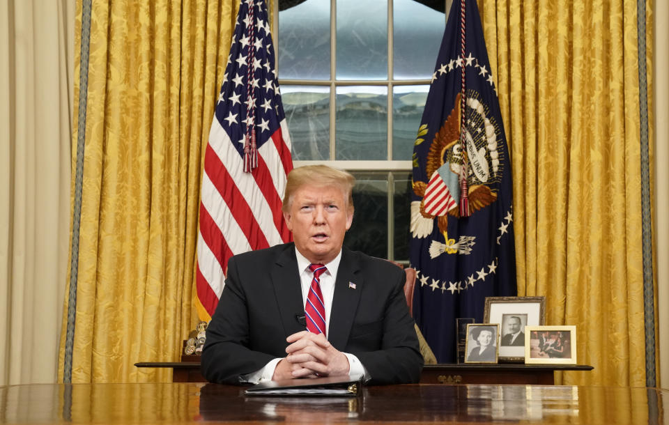 President Donald Trump speaks from the Oval Office of the White House as he gives a prime-time address about border security Tuesday, Jan. 8, 2018, in Washington. (Carlos Barria/Pool Photo via AP)