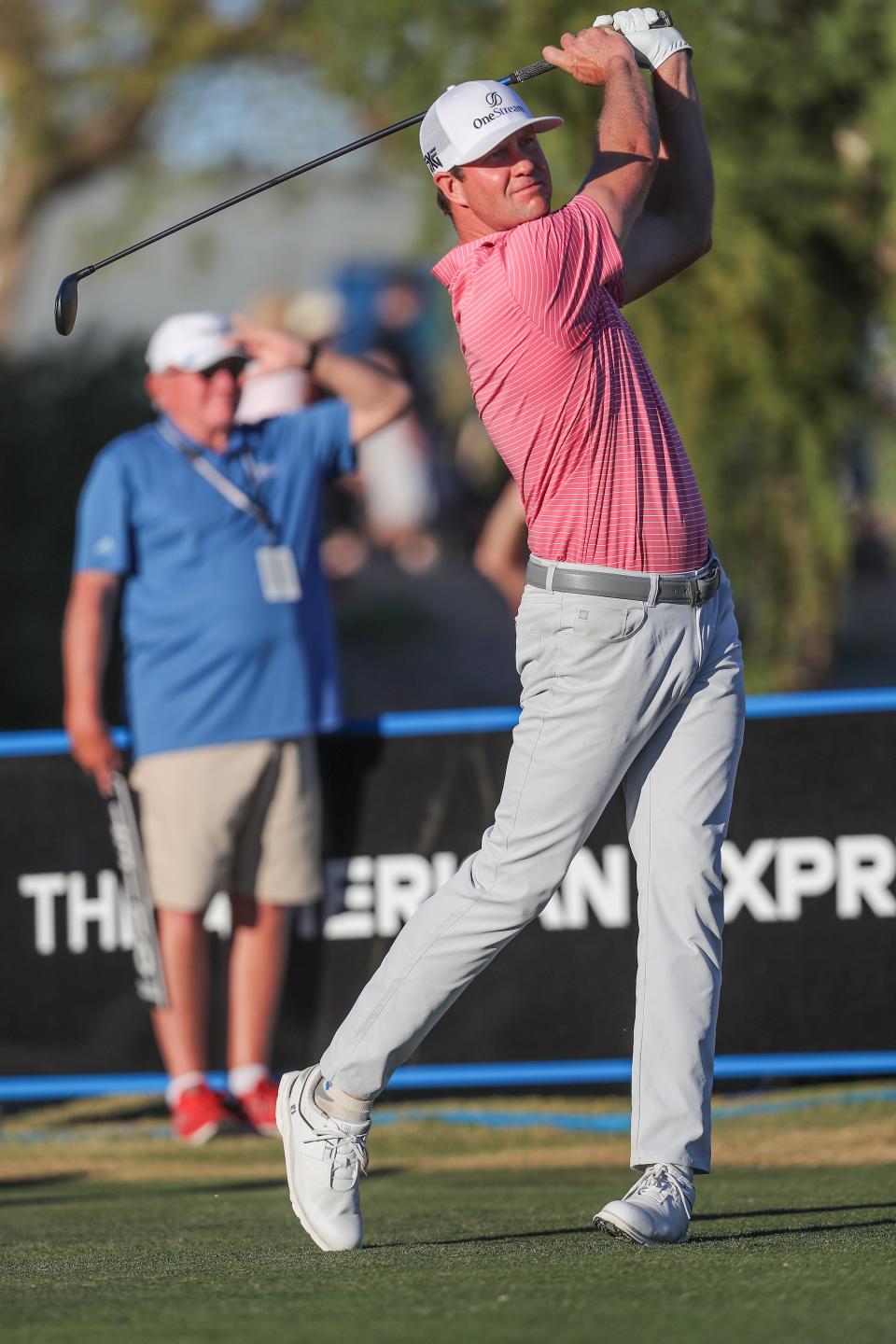 Hudson Swafford tees off on the 18th hole during the American Express on the Stadium Course at PGA West in La Quinta, Calif., Sunday, January 23, 2022.