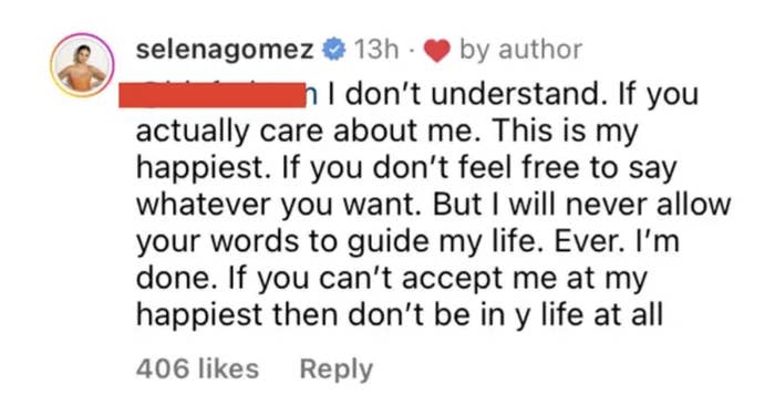 Selena Gomez responds to a comment, expressing her determination to not let others' words control her life and happiness