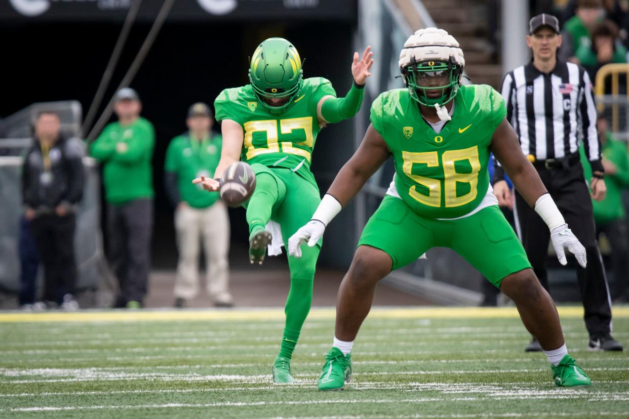 Oregon Green Team punter Ross James punts during the Oregon Ducks’ spring game Saturday, April 27, 2024 at Autzen Stadium in Eugene, Ore.