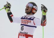 Alpine Skiing - FIS Alpine Skiing World Championships - Men's Giant Slalom - St. Moritz, Switzerland - 17/2/17 - Austria's gold medalist Marcel Hirscher reacts at the finish line. REUTERS/Stefano Rellandini