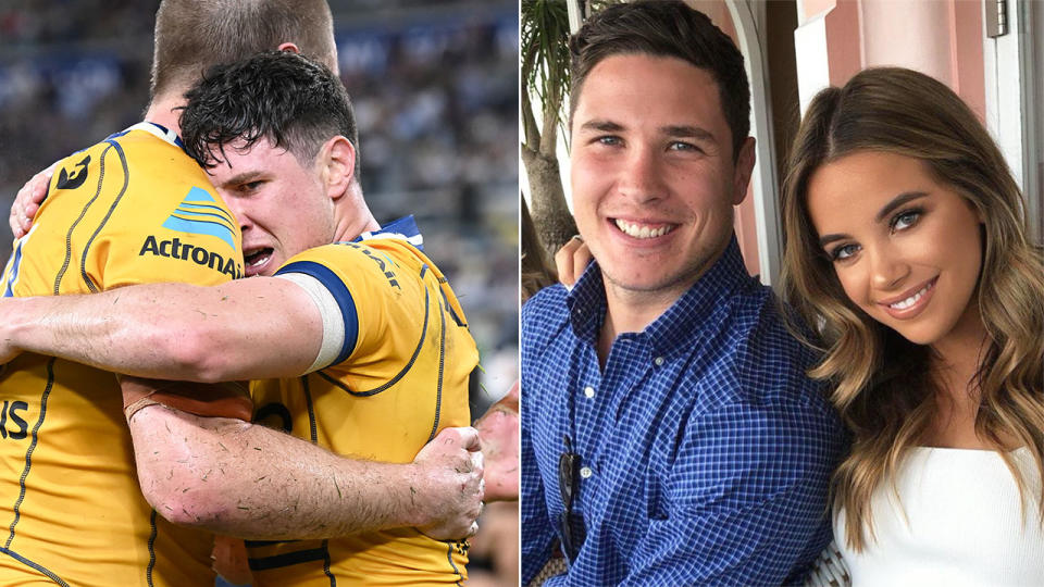 Pictured left is Mitchell Moses playing for the Eels and with partner Bri Gardoni on the right.