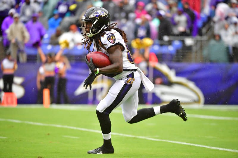 Alex Collins scored 14 touchdowns in 25 games while with the Baltimore Ravens. File Photo by Kevin Dietsch/UPI