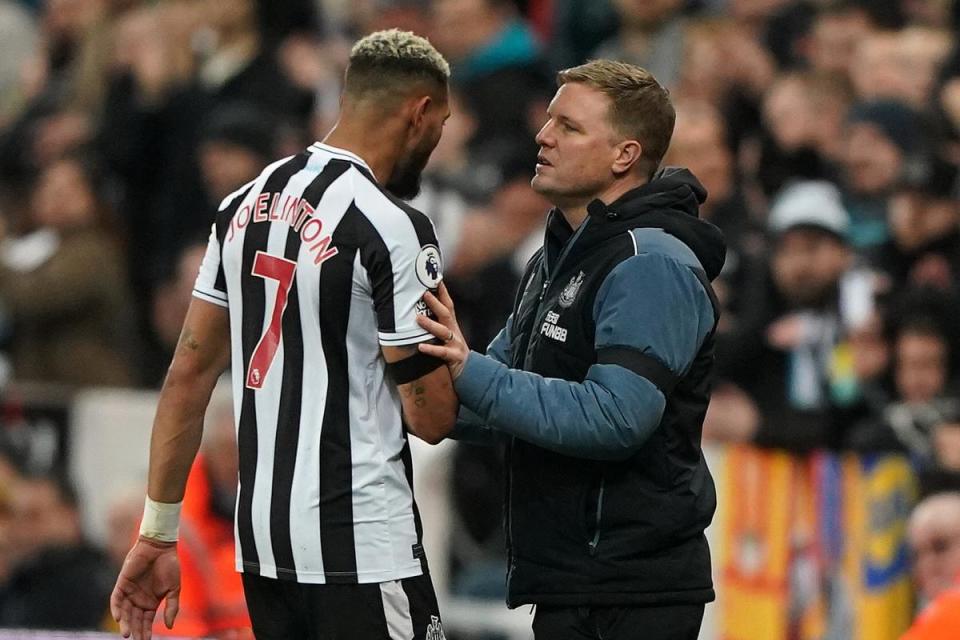 Eddie Howe and Joelinton talk on the touchline <i>(Image: PA)</i>