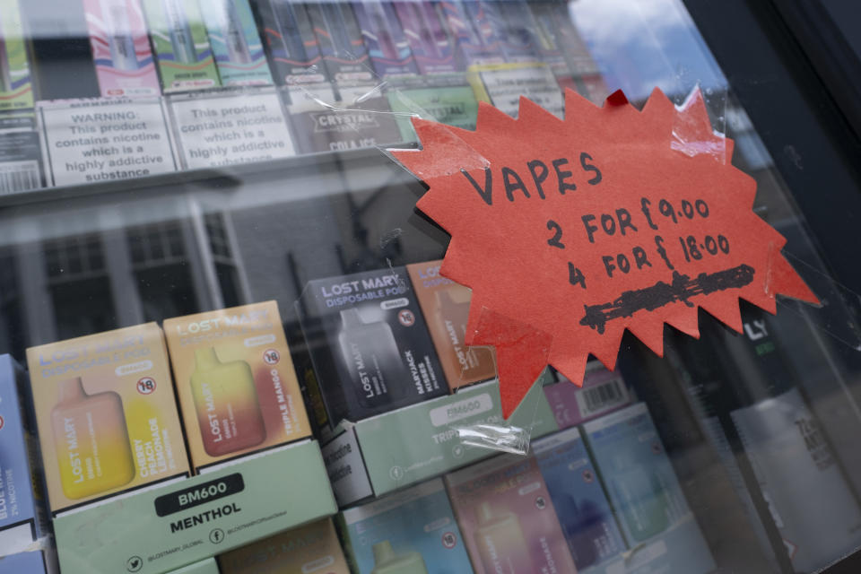 A selection of disposable, single-use vape products advertised for sale in a high street shop as the Local Government Association, a representative body of councils across the United Kingdom, call for a ban on single-use disposable vapes in the country amid numerous concerns of the health and environmental risks posed by vaping, particularly to children, on 3rd August, 2023 in Margate, United Kingdom. (photo by Daniel Harvey Gonzalez/In Pictures via Getty Images)