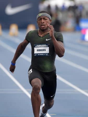 Jun 21, 2018; Des Moines, IA, USA; Mike Rodgers aka Michael Rodgers wins 100m heat in 9.89 for the top time during the USA Championships at Drake Stadium. Kirby Lee-USA TODAY Sports