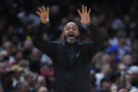 Cleveland Cavaliers head coach J.B. Bickerstaff calls a play against the Orlando Magic during the second half of Game 5 of an NBA basketball first-round playoff series, Tuesday, April 30, 2024, in Cleveland. (AP Photo/Ron Schwane)