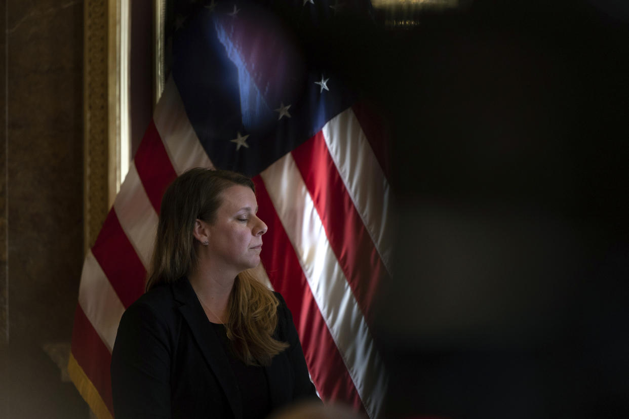 Nicole Schmidt, mother of Gabby Petito, takes a moment during a press conference for SB117, a bill advocating for domestic violence protections, at the Capitol in Salt Lake City on Monday, Jan. 30, 2023. (Ryan Sun/The Deseret News via AP)