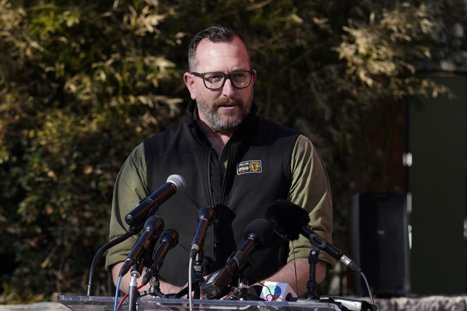 Harrison Adell, executivie vice president of animal care and conservation at the Dallas Zoo, responds to questions during a news conference, Friday, Feb. 3, 2023, in Dallas. (AP Photo/Tony Gutierrez)