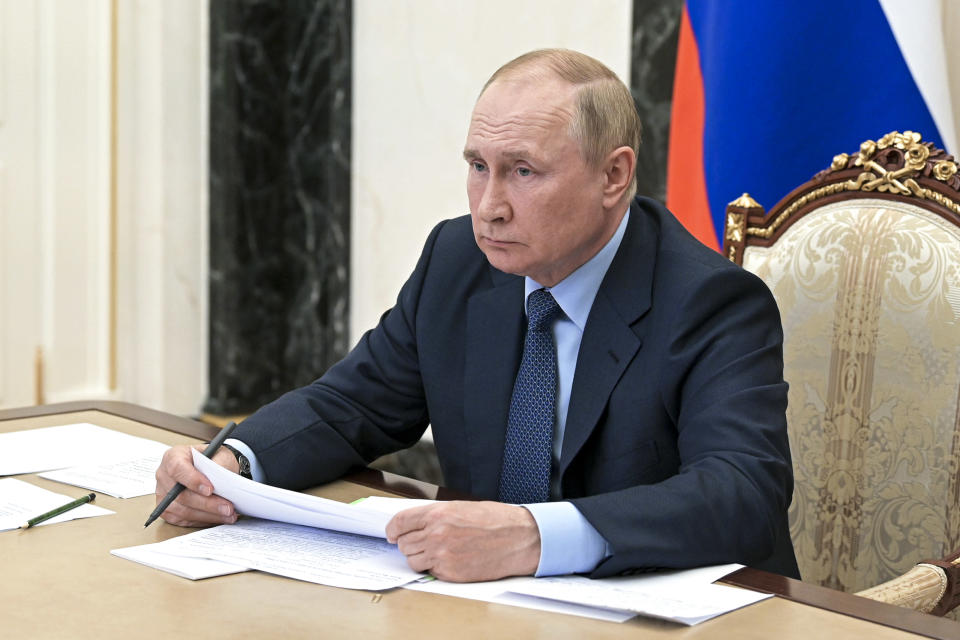 El presidente ruso Vladimir Putin en una reunión en Moscú el 25 de julio del 2022. (Pavel Byrkin, Sputnik, Kremlin Pool Photo via AP)