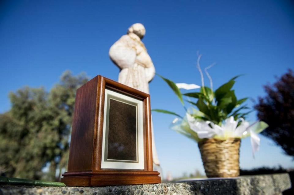 An urn containing the ashes of a California police K-9 german shepherd.