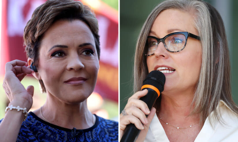 The gubernatorial contest between Republican Kari Lake and Democrat Katie Hobbs will decide who sets the course for a newly altered school system. (Justin Sullivan and Mario Tama/Getty Images)