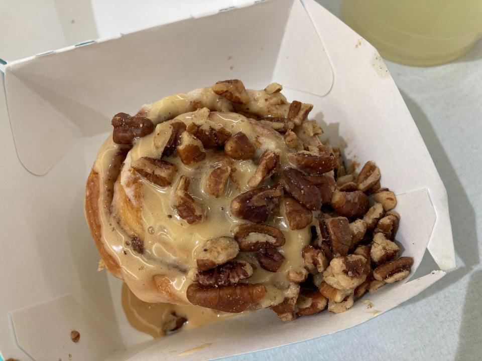 A pecan cinnamon roll from Cinnabon